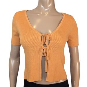 Twik Apricot Tie-Front Cardigan Womens Size Small Short Sleeve Ribbed Knit